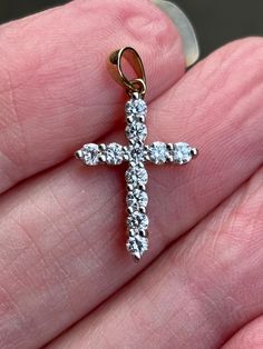 The cross is one inch (diamonds are 3/4 an inch) by just over 1/2 an inch wide. There are 10  diamonds for 44 points-the diamonds are SI1/2 and  G color. Please checkout more of my items:)  https://www.etsy.com/shop/gems4borth?ref=search_shop_redirect Feel free to ask questions:) I am here to help:) I'm a GIA Graduate Gemologist with 23 years experience with Estate and Antique Jewelry. I love what I do, finding people's dream jewelry pieces. Let me know what you are looking for and I will do my Cross-shaped Diamond Necklace With Single Cut Diamonds, Diamond White Cross Necklace With Single Cut Diamonds, Diamond White Diamond Crucifix Necklace, Diamond Cross Pendant Jewelry With Brilliant Cut, Diamond Cross Pendant With Brilliant Cut, Diamond White Brilliant Cut Cross Pendant Jewelry, Diamond White Crucifix Cross Necklace, Diamond Cross Pendant With Vvs Clarity, Brilliant Cut Diamond Cross Pendant Jewelry