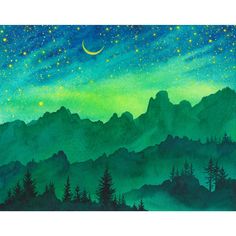 the night sky with stars and mountains in the background is painted by watercolor on paper