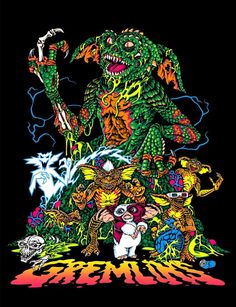 an old school style poster with monsters and other things in the background, all on black