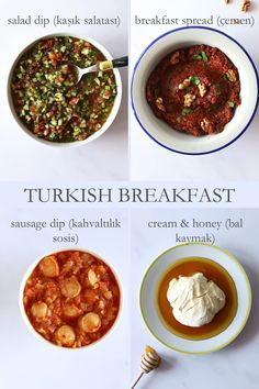 four different types of food in bowls on a table with the words turkish breakfast written below them