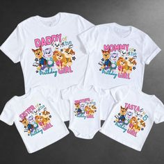 three t - shirts with cartoon dogs on them, one says daddy and the other says baby