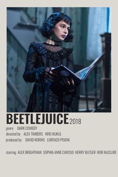 the poster for beetlejuice is shown with an image of a woman holding a book