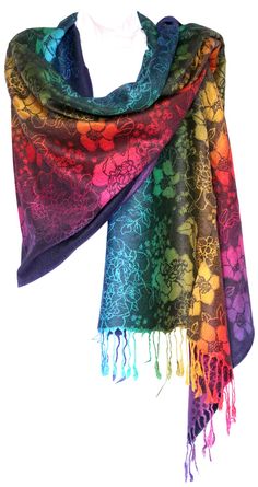 PRICES MAY VARY. Soft & silky, elegant and fashionable. Rave pashmina scarf 28" wide and 72" long withthout fringes 3.5 " fringe Playful, vibrant colors decorated with flower pattern or paisley pattern Dry Clean or Hand wash cold. Do not bleach. Hang or line dry Experience the soft luxurious feel of silk pashmina shawl.Colorful gradient colors and flower pattern all over. Get the look and feel of high end scarves at an affordable price. Perfect for any occasion. Fashion and beautiful scarf shawl Hippie Scarf, Colorful Gradient, Rainbow Outfit, Hippie Look, Tassel Scarf, Pashmina Shawl, Silky Scarf, Pashmina Scarf, Warm Scarf