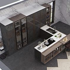 an aerial view of a kitchen with marble walls