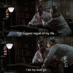 two people sitting on a couch in front of a bookshelf with the caption'the biggest regret of my life i let my love go '