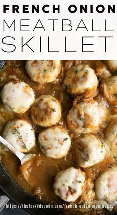 a skillet filled with meatballs covered in gravy