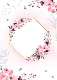 pink flowers and leaves on a white background with a gold frame for the text in the center