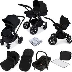 two strollers, one baby carriage and the other infant car seat are all in different positions