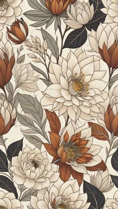 an image of flowers and leaves on a wallpaper pattern in brown, beige, white and black