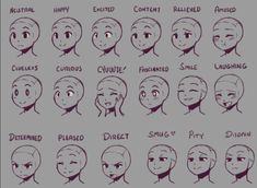 an animation character's head with different expressions and facial expressions, including the expression for each