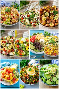 a collage of pictures showing different types of salads