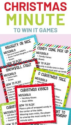 christmas minute to win it games with text overlaying the image and title below