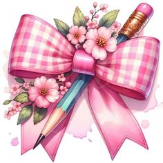 a pink bow with flowers and pencils on it