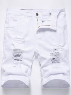 Men Cotton Ripped Frayed Denim Shorts Jorts Plain All White Work Basic White    Denim Plain Bermuda Medium Stretch  Men Clothing, size features are:Bust: ,Length: ,Sleeve Length: Shorts Jeans Branco, Boys Denim Shorts, Mens Denim Shorts, Teen Boy Outfits, White Jean Shorts, Ripped Denim Shorts, Boys Denim, White Denim Jeans, White Denim Shorts