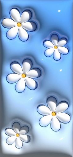 three white flowers floating in the air on a blue background with yellow centers and petals