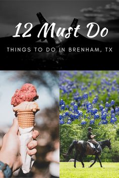 the cover of 12 must do things to do in brenham, tx with images of people riding horses and blue bonnets