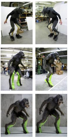 the gorilla is wearing neon green pants and running shoes while he's doing tricks