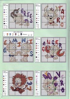 the cross stitch pattern book has nine pictures of animals and letters on it, all in different colors