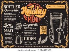 a blackboard menu for a restaurant with hand drawn lettering and an image of a glass of beer