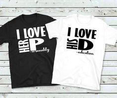 "I Love Her P, I Love His D, Couples Matching Tee Shirt Set - Nothing says \"I'm yours!\" quite as adorably as matching, cheeky tee shirts designed specifically for lovebirds, the newlywed or even as an engagement gift. Oh la la, meet our hubby wifey rendezvous special - the I Love Her P and I Love His D tee-shirt set. Equipped with a blend of wit, humor, and oodles of love. Ideal as an anniversary gift for that special couple in your life, or even as a \"just married\" treat for yourselves. Enjoy turning heads and inspiring smiles wherever you go. It's like having your own personal engagement celebration everywhere you wear them." Couples Shirts Ideas, Anniversary Shirts Matching Couples, Couple Shirt Design Ideas, Short And Tall Couples Shirts, Her Rock His Peace Couple Shirts, Wedding Tshirts Ideas, Wedding Couples Tshirts, Couples T Shirts Ideas Love, Couple Tshirts Funny