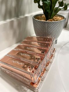 a potted plant sitting on top of a white counter next to some makeup products