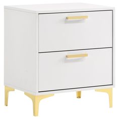 a white and yellow nightstand with two drawers on each side, against a white background