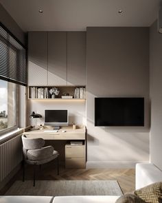 a room with a desk, chair and television on the wall next to a window