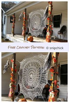 two pictures of halloween decorations in front of a house with the caption free crochet pattern