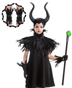 PRICES MAY VARY. 【Deluxe Maleficent Costume】- This Halloween Maleficent Costume is designed to bring out your inner villain. The gothic black crow suit includes a horn, a staff, a feather cape shawl, feather lace gloves and footcovers without dress. It's perfect for those looking to recreate the iconic Maleficent cosplay. It is exclusively designed for children, more suitable for 8-16 years old. 【Perfect for Halloween Parties】- Whether you're attending a Halloween party, a cosplay event, or just want to stand out from the crowd on Halloween night, this Maleficent costume is the perfect choice. The gothic black crow suit and horned headpiece will instantly transform you into the iconic villain, and the added accessories will make your cosplay look complete. 【High-Quality Materials】- The Mal Horned Headpiece, Maleficent Cosplay, Feather Cape, Maleficent Costume, Cape Shawl, Evil Witch, Unique Halloween Costumes, Black Crow