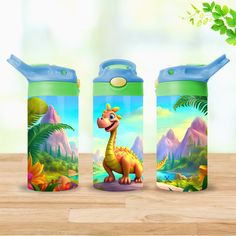 three children's water bottles with dinosaurs on them