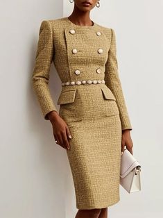 Elevate your look with Fehaute's Khaki Midi Dress. Its Morden Buckle design insures you stand out at Holiday . Get your exclusive style and show effortless elegance now. Womens Dresses Classy Beautiful, Tweed Dress Winter, Khaki Midi Dress, Midi Dress Winter, Tweed Fashion, Tweed Skirt Suit, Midi Dress Outfit, Sheath Midi Dress, Classy Skirts