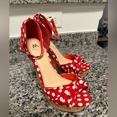 Red And White Polka Dot Wedge Sandals From Just Fab Shoes. Women’s Size 7. Never Worn (Too Small When Purchased And Non-Returnable). Minor Discoloration From Storage. Spring High Heel Sandals With Polka Dot Pattern, Polka Dot High Heel Sandals For Spring, Red Synthetic Heels For Vacation, Red Fabric Heels With Round Toe, Red Fabric Open Toe Heels, Red Fabric Heels For Spring, Casual Red Fabric Heels, Fab Shoes, Just Fab Shoes