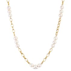 Paperclip style links alternate with round links to present beautiful freshwater cultured pearl stations for an on-trend look with a touch of timeless elegance.  Due to the unique nature of pearls, shade of color, shape or texture, may vary slightly from photo. Cheap Cream Pearl Chain Jewelry, Elegant Oval Link Pearl Chain Jewelry, Classic Yellow Gold Pearl Chain Necklace, Classic Chain Necklace With Pearl Charm For Formal Occasions, Classic Formal Chain Necklace With Pearl Charm, Elegant White Pearl Necklace With Paperclip Chain, Formal Pearl Necklace With Cable Chain, Classic Pearl Chain Necklace For Formal Occasions, Classic Pearl Chain Necklace For Formal Events