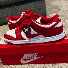 Received Them For A Birthday Gift We're Too Big They Were Bought On Stock X Red Custom Sneakers With Gum Sole, Dunks Red, Nike Dunks Shoes, Low Top Nikes, Dunks Shoes, Black Athletic Shoes, Nike Air Pegasus, Jordan 11 Retro Low, Black And White Sneakers