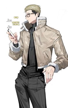 a drawing of a man with glasses and a jacket on holding a cell phone in his hand