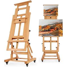 a wooden easel with two pictures on it and one is holding an easel