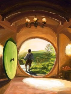 a painting of a man walking into a green door