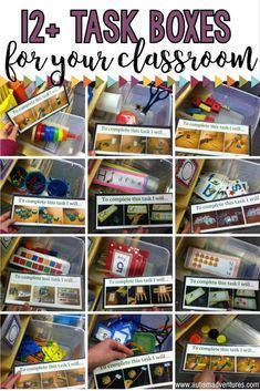 the 12 + task boxes for your classroom are organized with pictures and words to help students learn