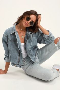 Denim Clothing for Women | Denim Clothes | Denim Jeans & Shorts Denim Utility Jacket, Light Wash Denim Jacket, Retro Jacket, Oversized Denim Jacket, Light Wash Denim, Denim Outfit, Latest Fashion For Women, Denim Wash, Denim Women