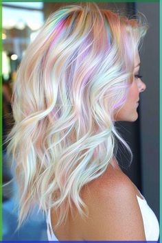 Icy Blonde With Peekaboo Color, Short Hair Color Ideas For Blondes, Platinum Blonde Hair With Rainbow Highlights, Colorful Hair For Blondes, Irredescent Hair, Blonde With Vivid Highlights, Pink Money Piece Hair With Bangs, Hair For Summer 2024, Pastel Colors Hair