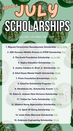 the flyer for july's college life made easy program is shown in green and orange