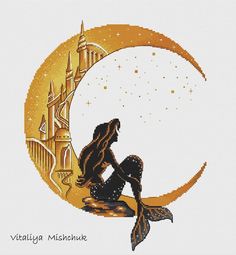 a cross stitch mermaid sitting on the moon with her tail curled up, looking down