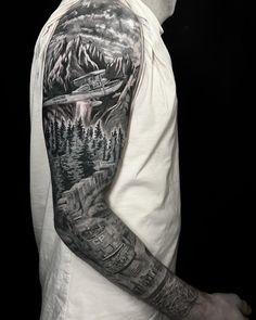 Embark on an incredible journey with @jenskinart's black and gray sleeve, where a plane soars over majestic mountains and forests, a train passes through, and a cityscape unfolds around the wrist. A stunning narrative etched in ink, telling a beautiful story of travel and adventure. ✈️🏞️🚂🏙️ Landscape Tattoo Sleeve, Cityscape Tattoo, Majestic Landscape, Landscape Tattoo, Travel And Adventure, Majestic Mountains, Beautiful Story