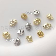 six different styles of metal beads on a white surface with the words style in gold and silver