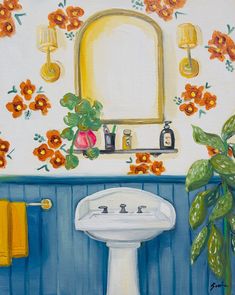 a painting of a sink and mirror in a bathroom with flowers on the wall behind it