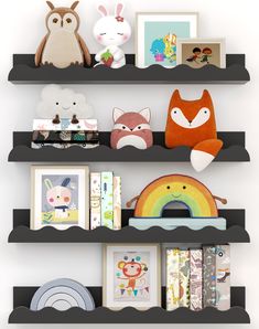 three shelves with stuffed animals and pictures on them