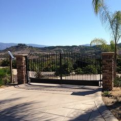 a gated driveway with a palm tree and mountains in the background