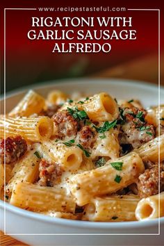 Sausage Alfredo Rigatoni, Garlic Sausage Alfredo Rigatoni, Alfredo Rigatoni, Smoked Sausage Recipes Pasta, Rigatoni Pasta Recipes, Rigatoni Recipe, Sausage Alfredo, Pasta With Garlic, Smoked Sausage Pasta