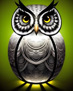 an owl with yellow eyes sitting on a green background