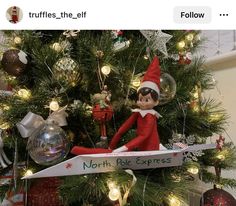 an elf is sitting on top of a christmas tree